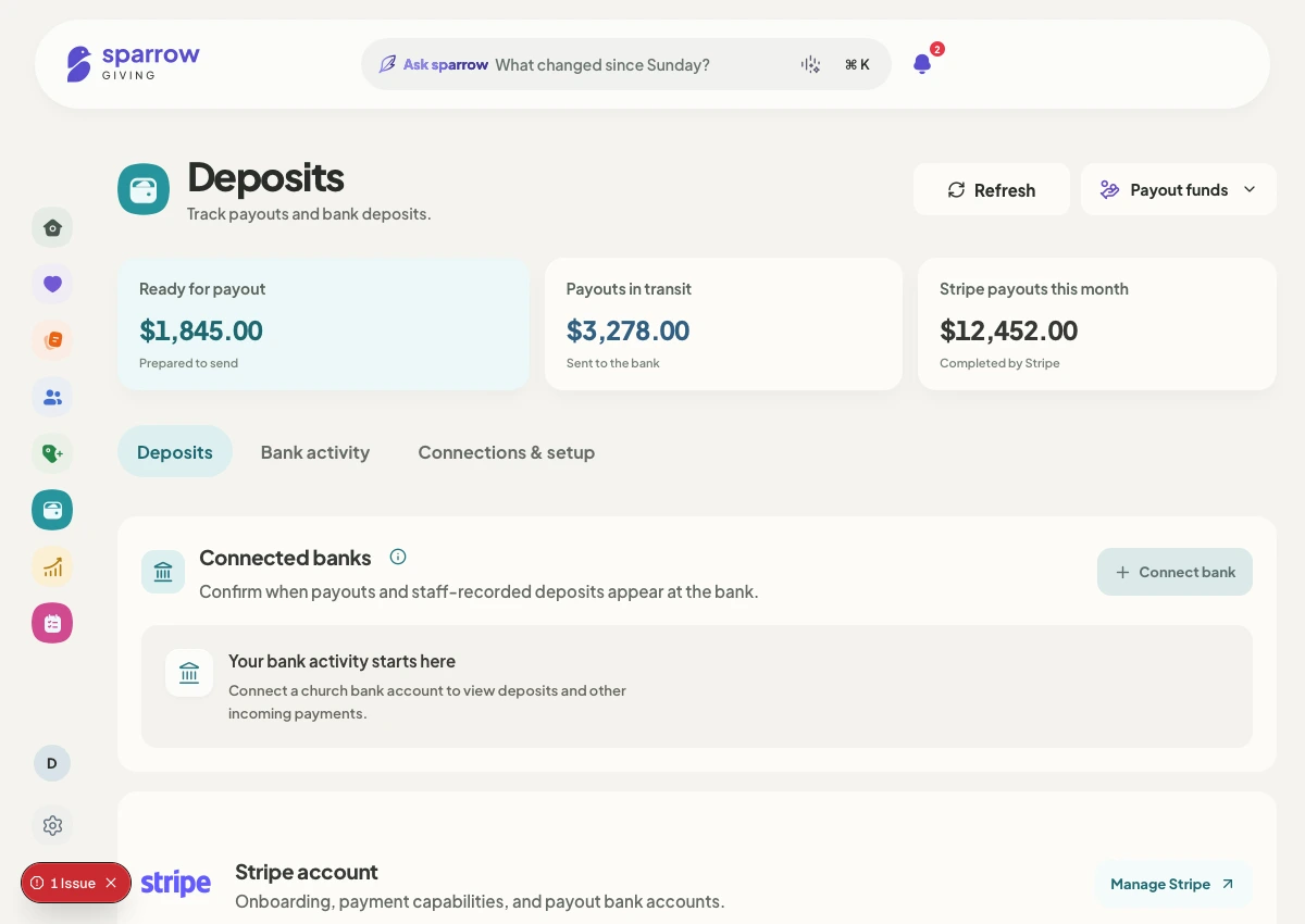 Sparrow bank connection settings for read-only deposit tracking.