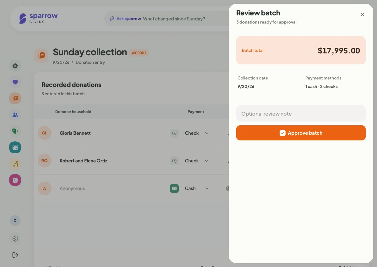 Sparrow reconciliation panel showing the batch total and review details.