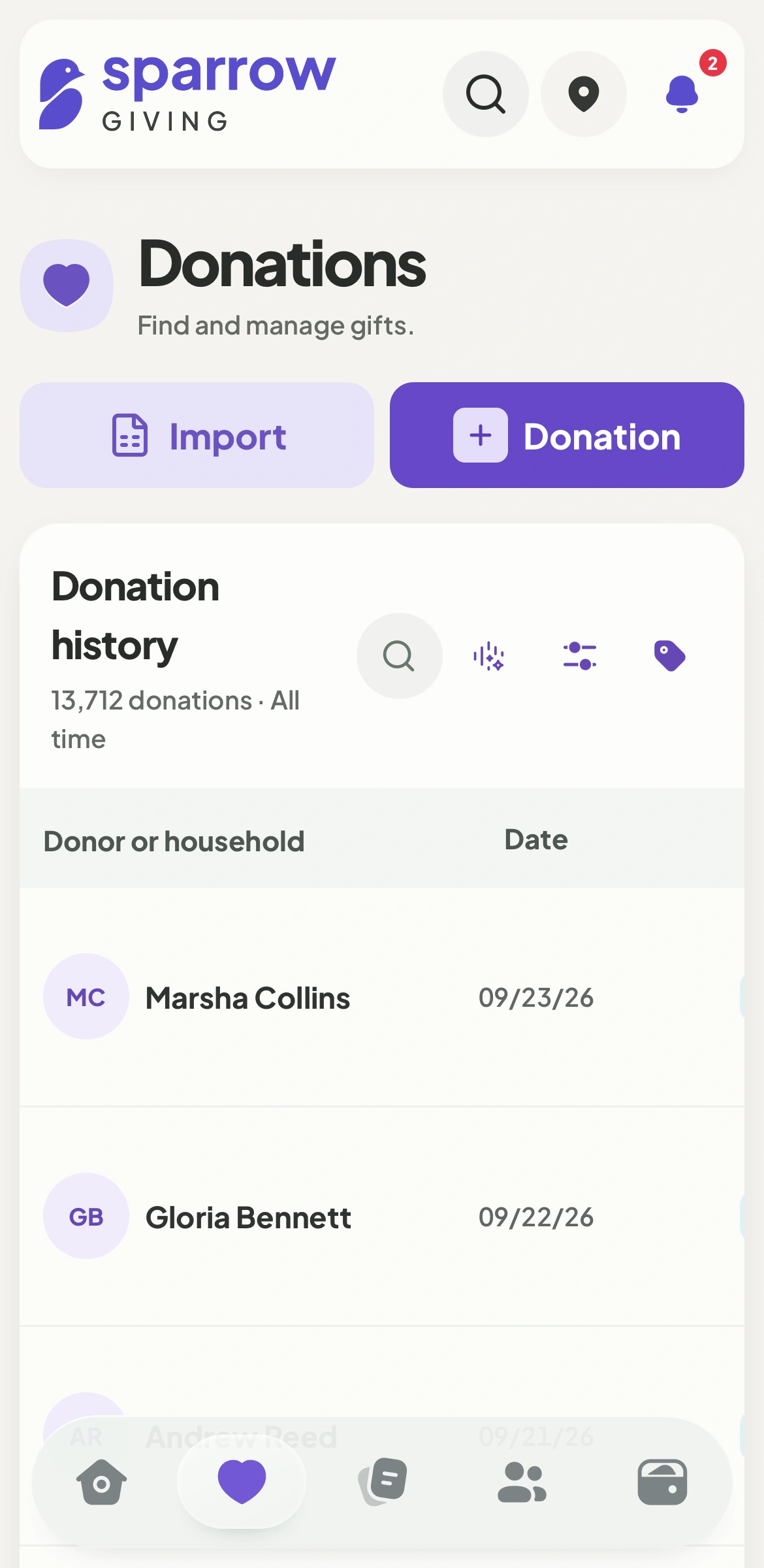 The Sample Church donation ledger with donation amounts, funds, and payment statuses.