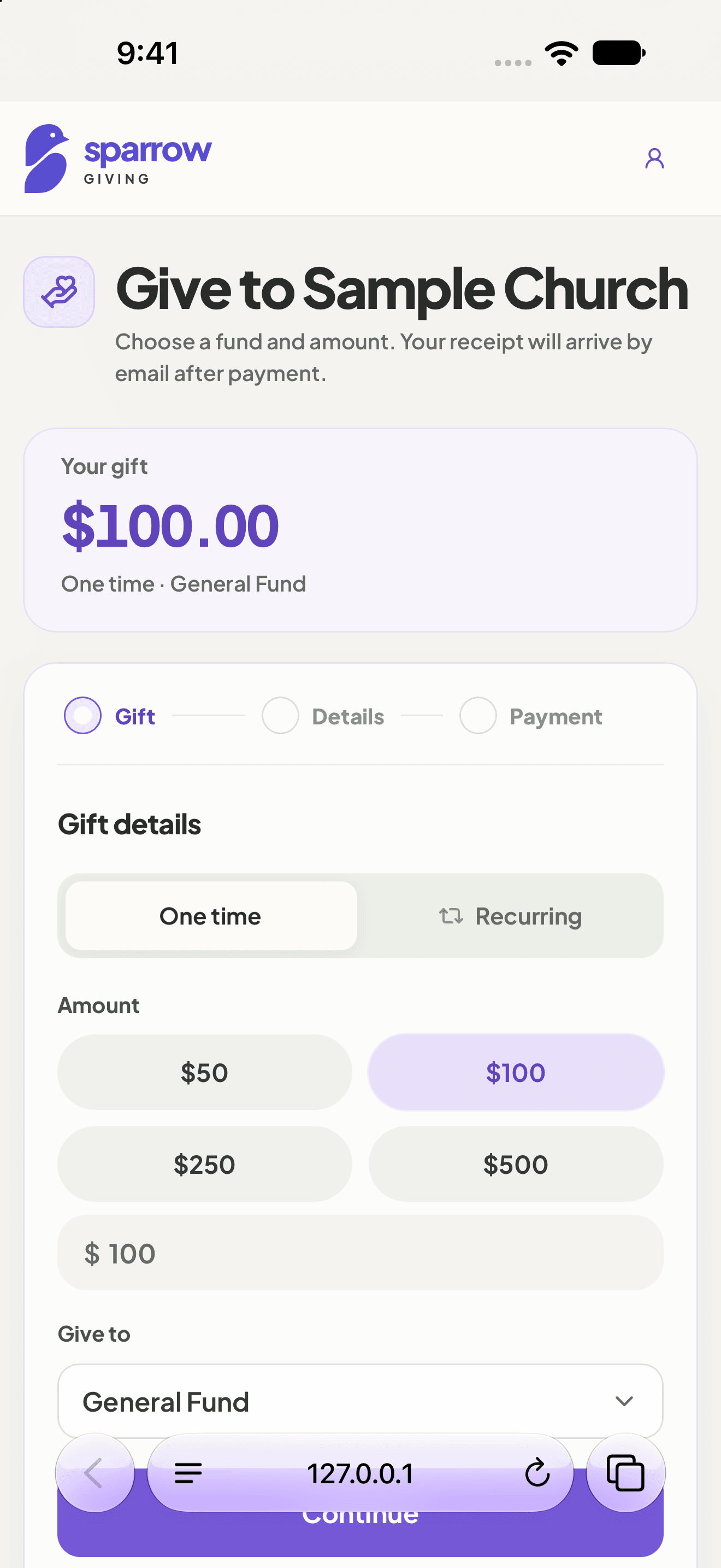 Sparrow’s mobile giving page with donation amount, fund, and recurring giving choices.