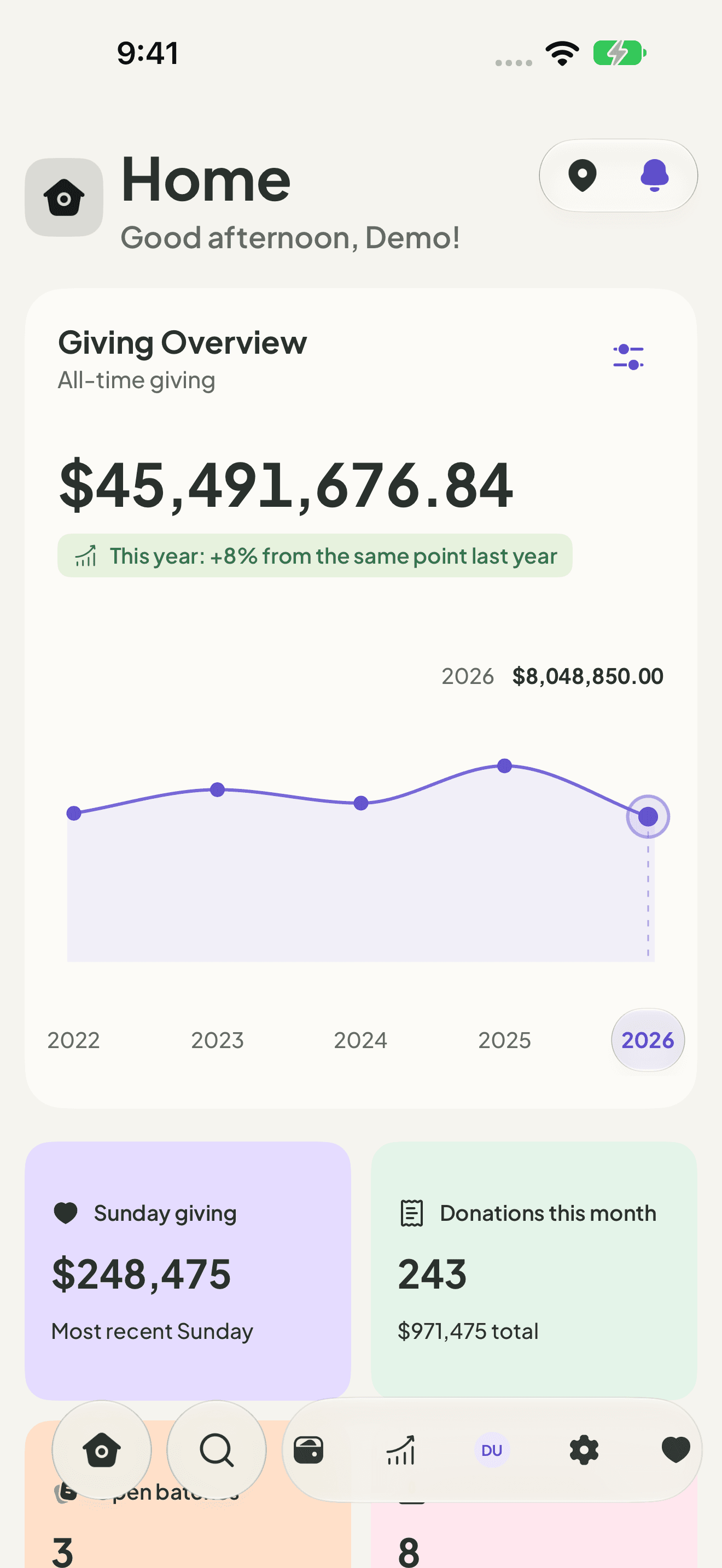 Sparrow iPhone app showing Sample Church giving, trends, and app navigation.
